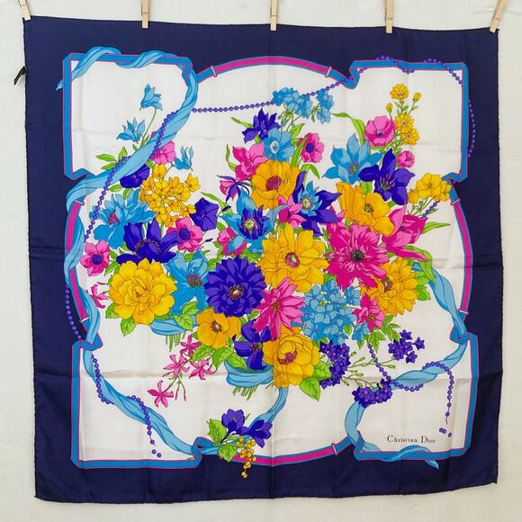 DIOR Silk Scarf Floral Print 34" x 34" Blue White - Picture 1 of 14